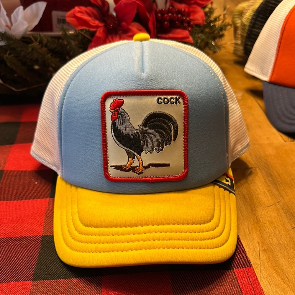 Goorin Bros Blue and Yellow Rooster Trucker Hat- New without tags.